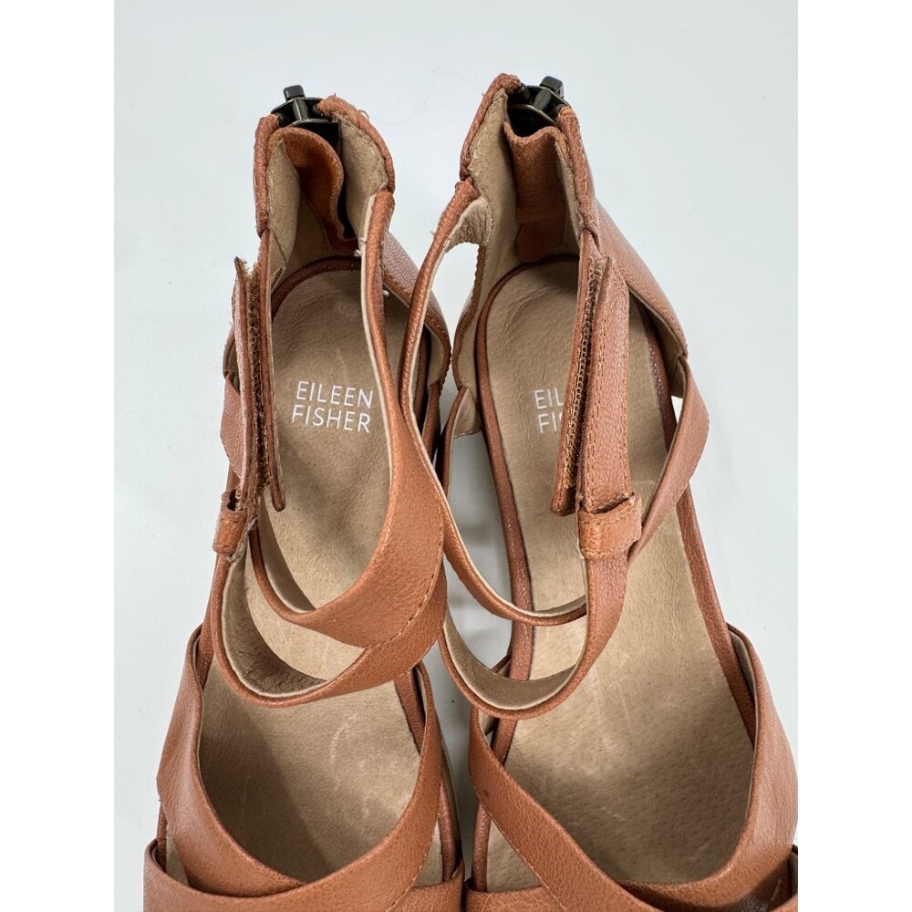 Eileen Fisher Sally Wedge Brown Leather Strappy Sandals With Ankle Strap & Zip - Picture 3 of 8